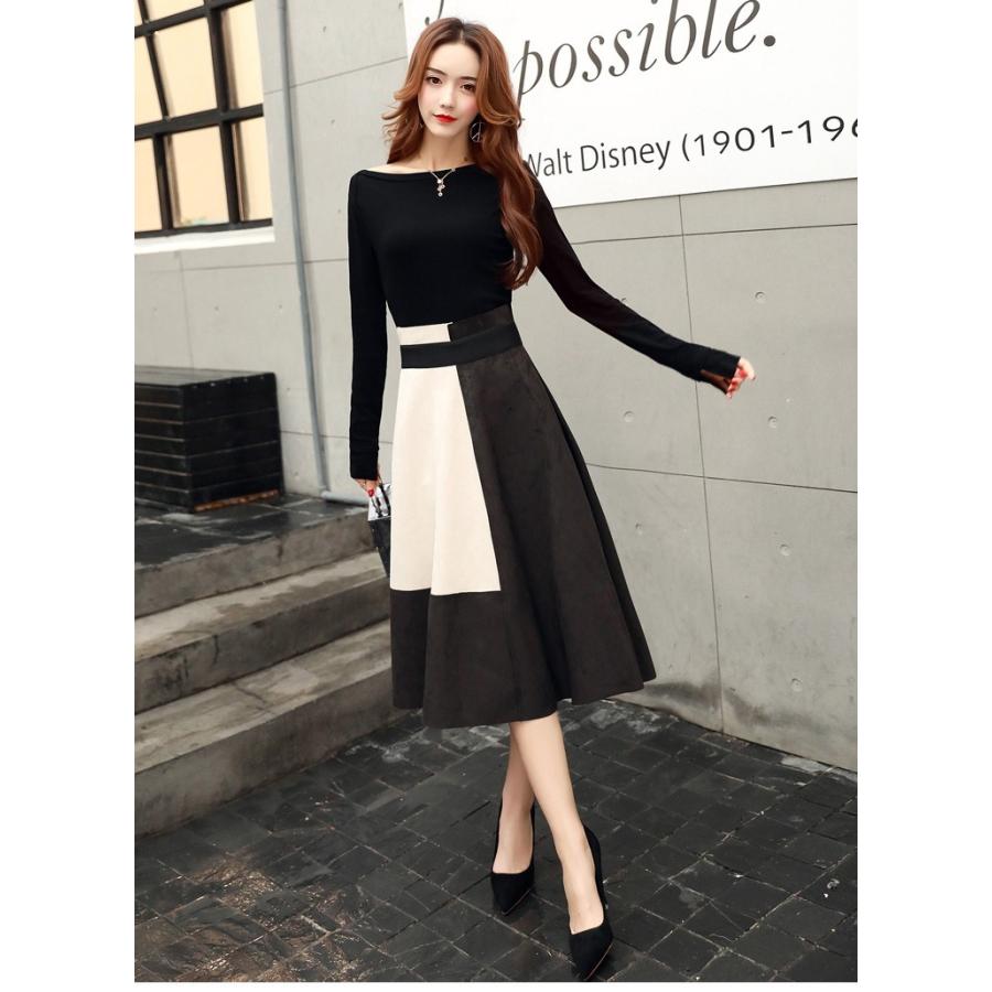 セットアップ 上下セット スカート ミモレ丈 カットソー バイカラー Aライン 長袖 ロングスカート レディース |  | 15