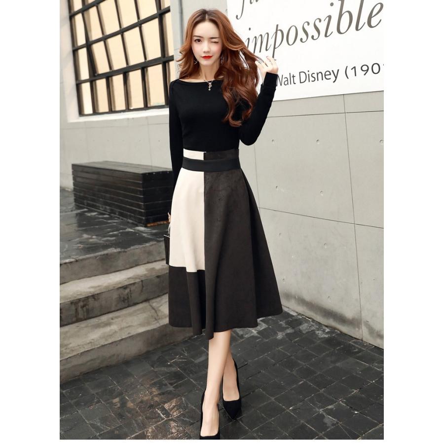 セットアップ 上下セット スカート ミモレ丈 カットソー バイカラー Aライン 長袖 ロングスカート レディース |  | 16