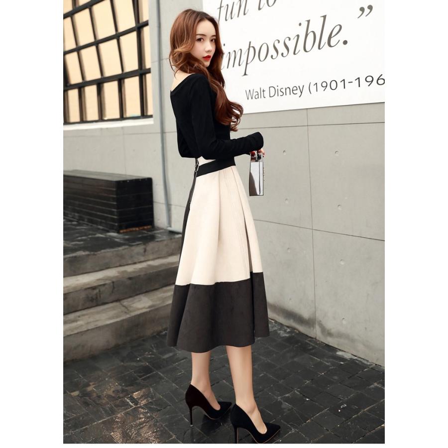 セットアップ 上下セット スカート ミモレ丈 カットソー バイカラー Aライン 長袖 ロングスカート レディース |  | 17