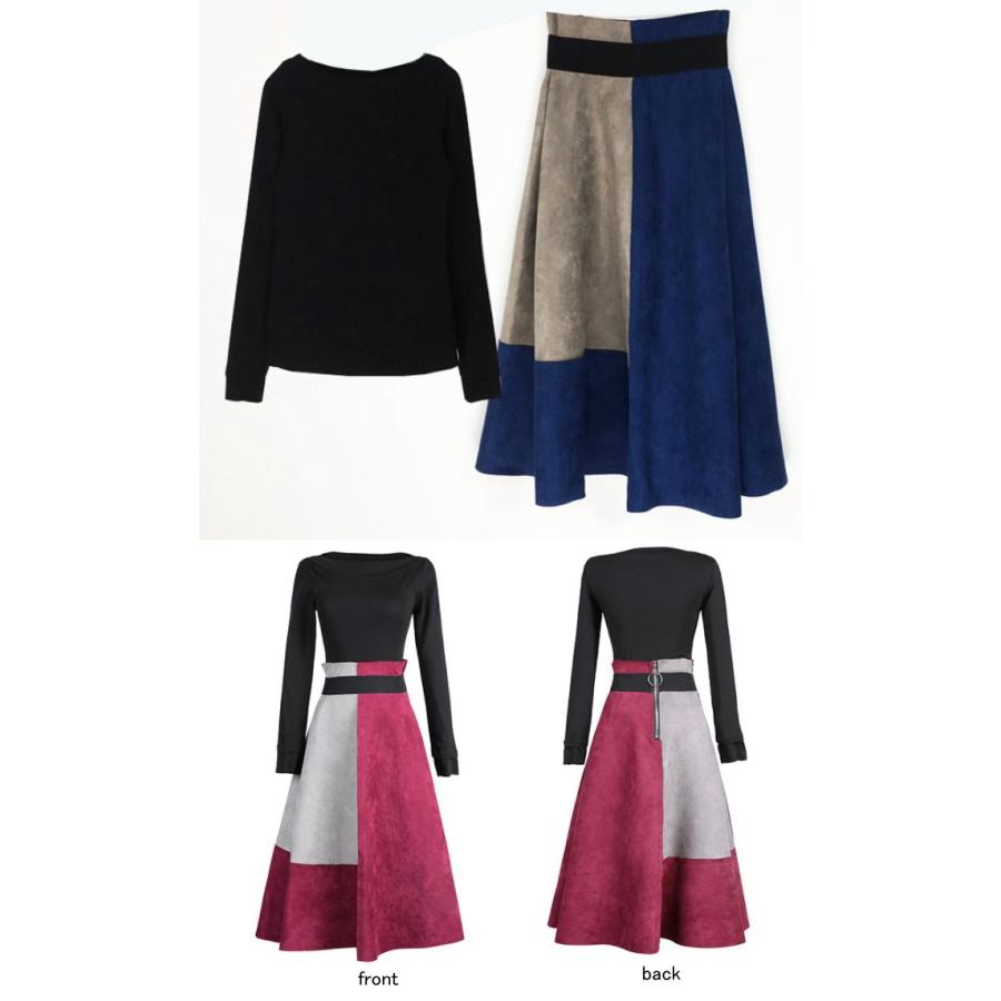 セットアップ 上下セット スカート ミモレ丈 カットソー バイカラー Aライン 長袖 ロングスカート レディース |  | 18