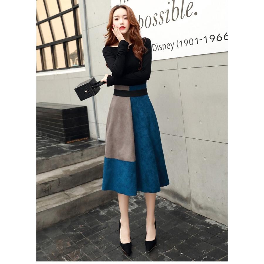 セットアップ 上下セット スカート ミモレ丈 カットソー バイカラー Aライン 長袖 ロングスカート レディース |  | 04