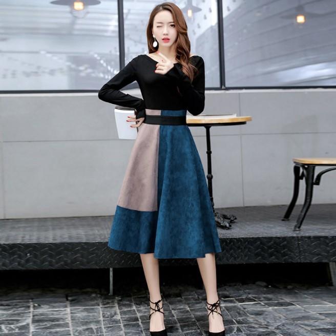 セットアップ 上下セット スカート ミモレ丈 カットソー バイカラー Aライン 長袖 ロングスカート レディース |  | 07