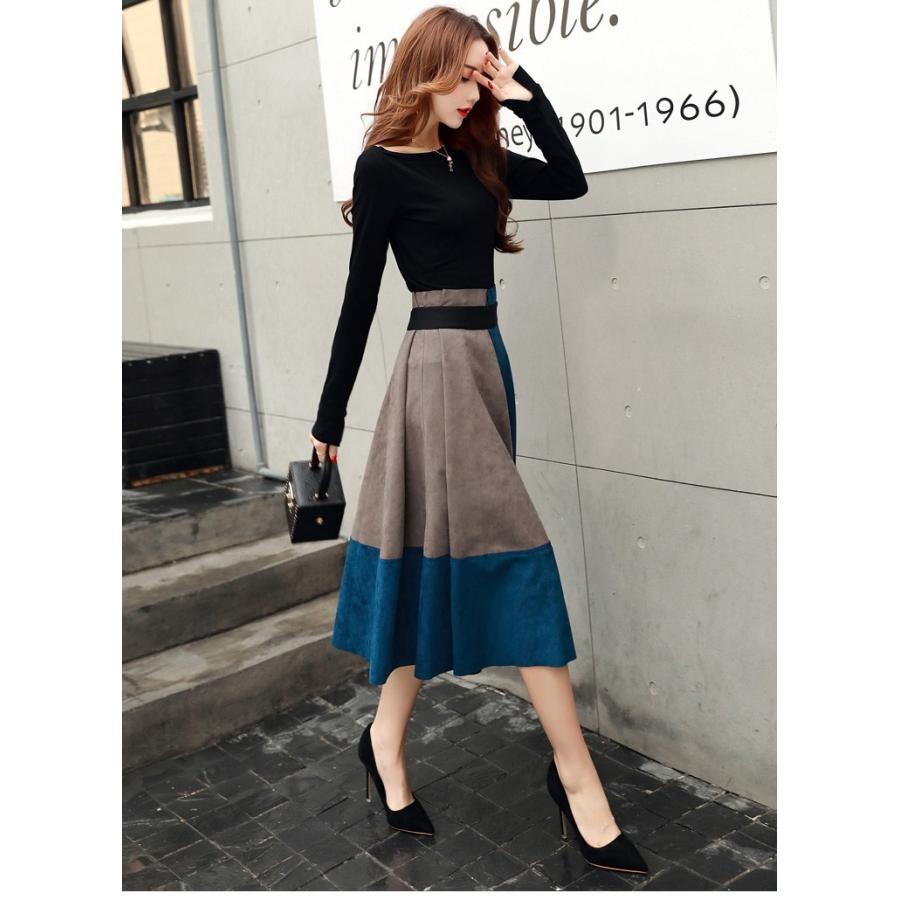 セットアップ 上下セット スカート ミモレ丈 カットソー バイカラー Aライン 長袖 ロングスカート レディース |  | 08