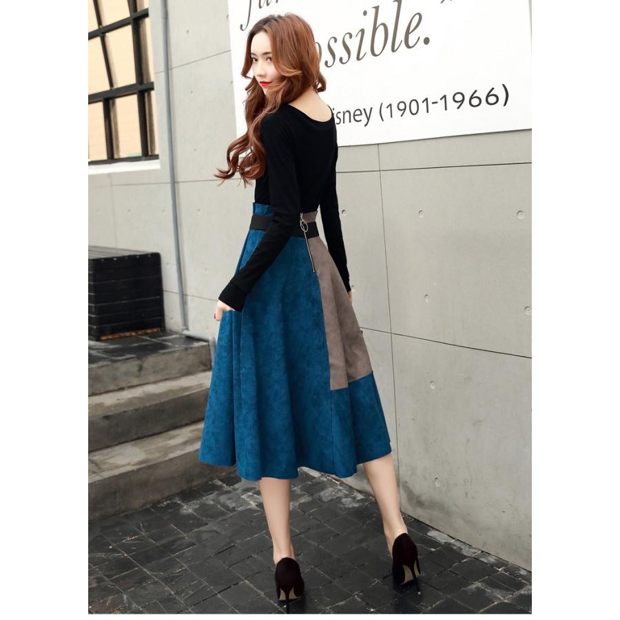 セットアップ 上下セット スカート ミモレ丈 カットソー バイカラー Aライン 長袖 ロングスカート レディース |  | 09