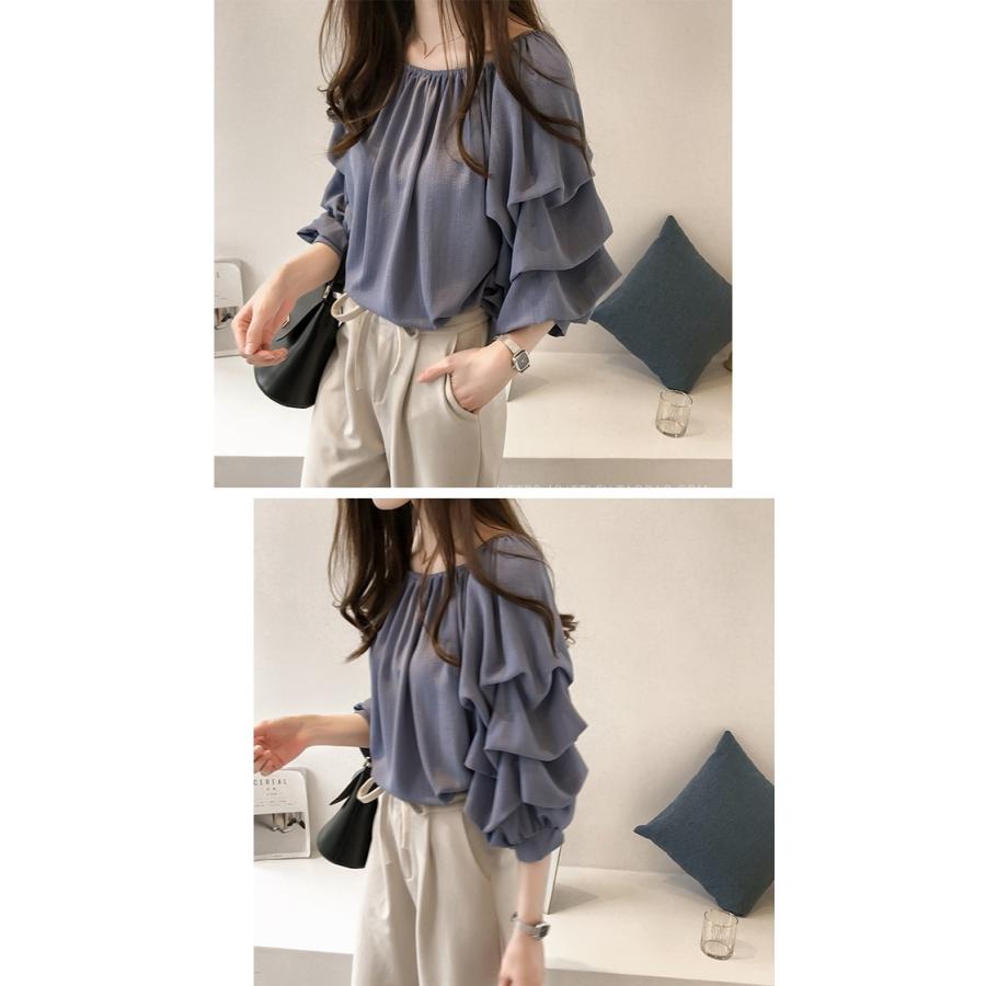 tシャツ Tシャツ シャツ レディース フリル袖 プルオーバートップス カットソー 無地 長袖 ゆったり おしゃれ ブラウス |  | 03