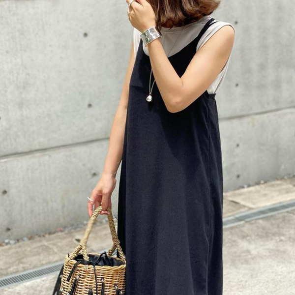 サロペット オールインワン マキシ丈 ジャンパースカート ロング リネン 無地  レディース |  | 06