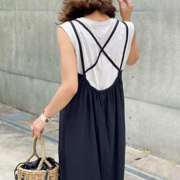 サロペット オールインワン マキシ丈 ジャンパースカート ロング リネン 無地  レディース |  | 07