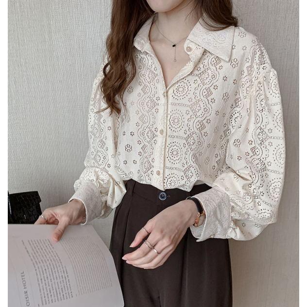 tシャツ Tシャツ シャツ ブラウス  レディース 花柄レース  トップス 長袖  ビジネス  オフィス 通勤 OL きれいめ |  | 02