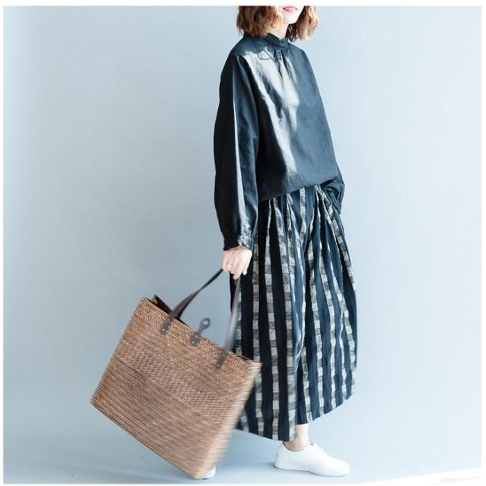 tシャツ Tシャツ シャツ ブラウス レディース スタンドカラー フリル 長袖 リネン調 バックボタン トップス  体型カバー |  | 01