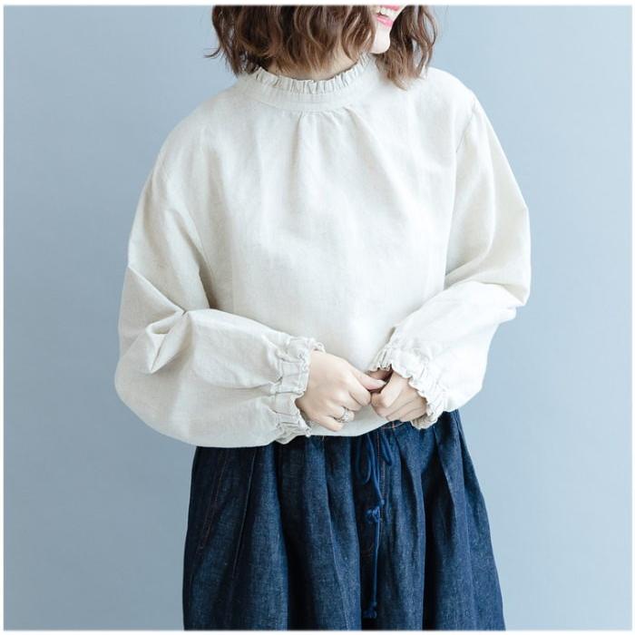 tシャツ Tシャツ シャツ ブラウス レディース スタンドカラー フリル 長袖 リネン調 バックボタン トップス  体型カバー |  | 10