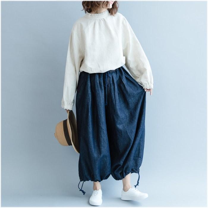 tシャツ Tシャツ シャツ ブラウス レディース スタンドカラー フリル 長袖 リネン調 バックボタン トップス  体型カバー |  | 11