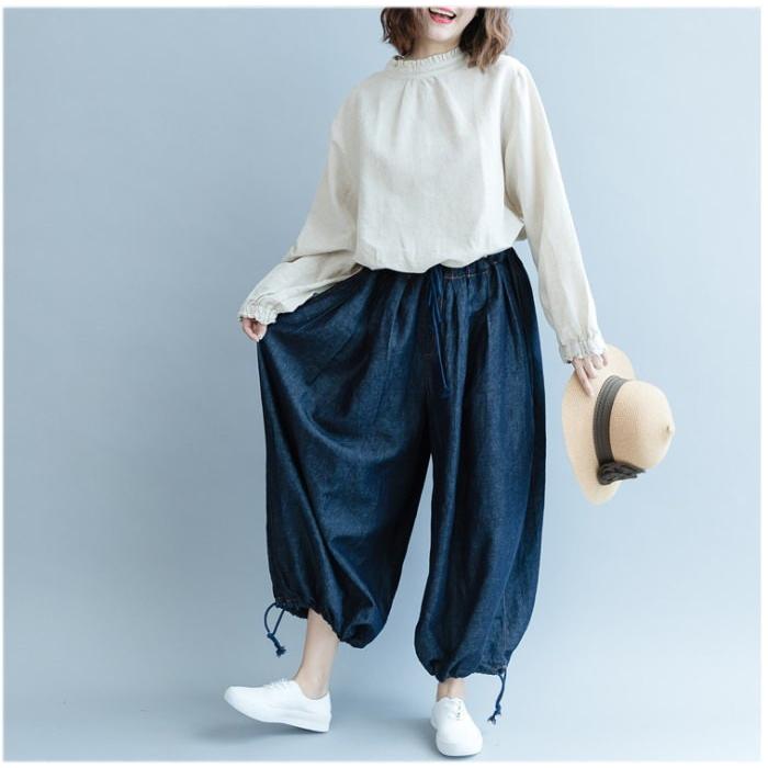 tシャツ Tシャツ シャツ ブラウス レディース スタンドカラー フリル 長袖 リネン調 バックボタン トップス  体型カバー |  | 12