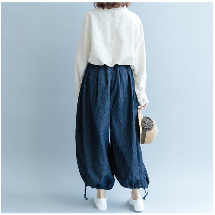 tシャツ Tシャツ シャツ ブラウス レディース スタンドカラー フリル 長袖 リネン調 バックボタン トップス  体型カバー |  | 13