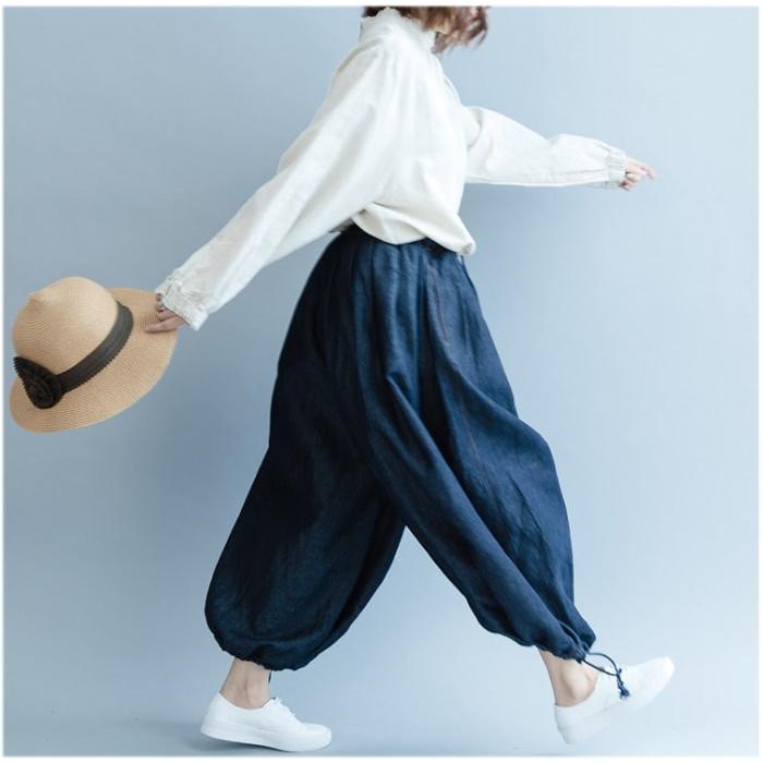 tシャツ Tシャツ シャツ ブラウス レディース スタンドカラー フリル 長袖 リネン調 バックボタン トップス  体型カバー |  | 14