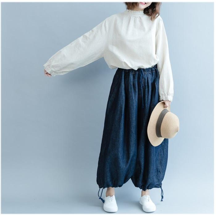 tシャツ Tシャツ シャツ ブラウス レディース スタンドカラー フリル 長袖 リネン調 バックボタン トップス  体型カバー |  | 15