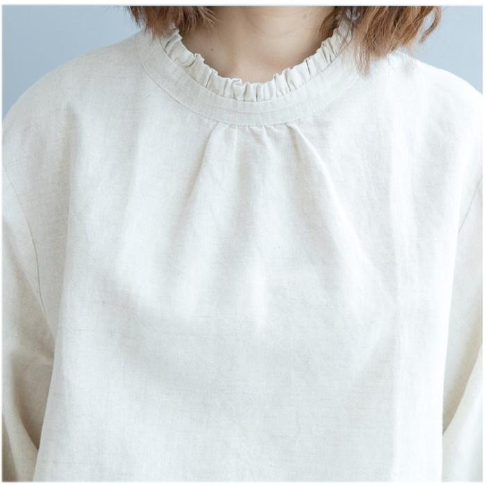 tシャツ Tシャツ シャツ ブラウス レディース スタンドカラー フリル 長袖 リネン調 バックボタン トップス  体型カバー |  | 16