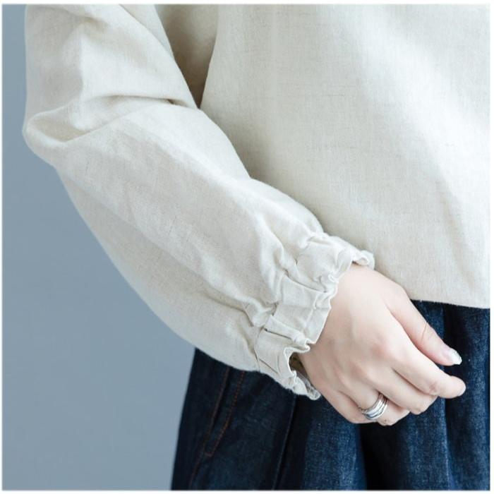 tシャツ Tシャツ シャツ ブラウス レディース スタンドカラー フリル 長袖 リネン調 バックボタン トップス  体型カバー |  | 17