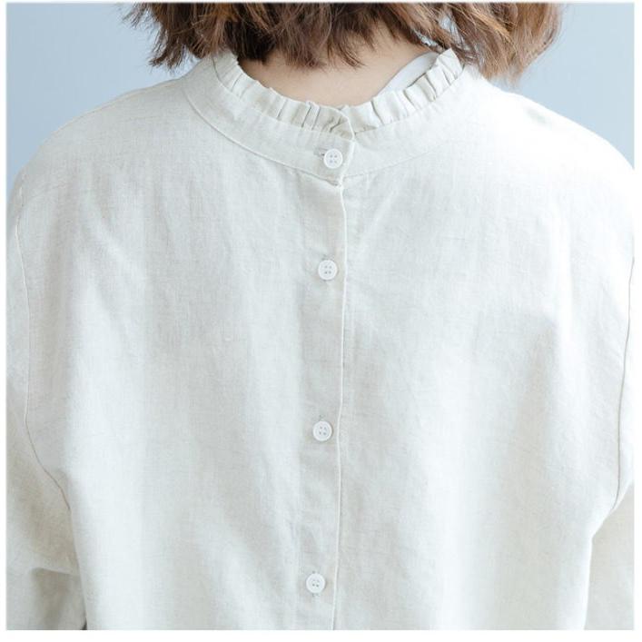 tシャツ Tシャツ シャツ ブラウス レディース スタンドカラー フリル 長袖 リネン調 バックボタン トップス  体型カバー |  | 18