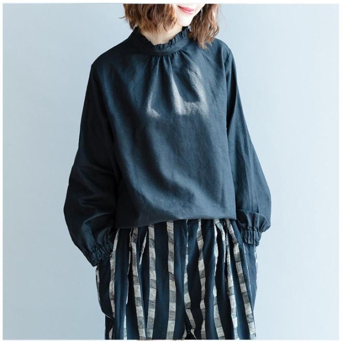 tシャツ Tシャツ シャツ ブラウス レディース スタンドカラー フリル 長袖 リネン調 バックボタン トップス  体型カバー |  | 02