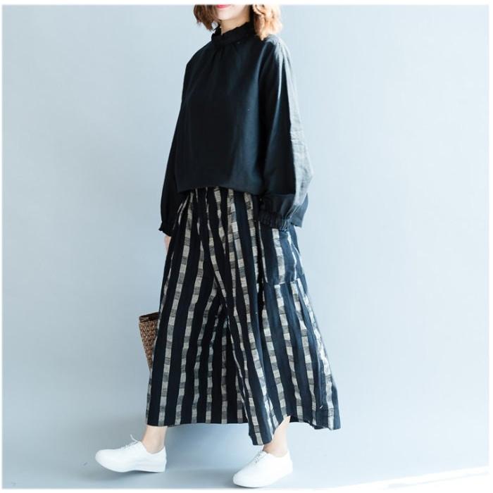 tシャツ Tシャツ シャツ ブラウス レディース スタンドカラー フリル 長袖 リネン調 バックボタン トップス  体型カバー |  | 03