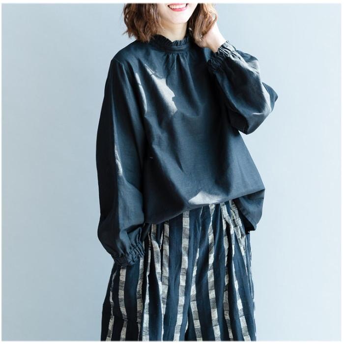 tシャツ Tシャツ シャツ ブラウス レディース スタンドカラー フリル 長袖 リネン調 バックボタン トップス  体型カバー |  | 05