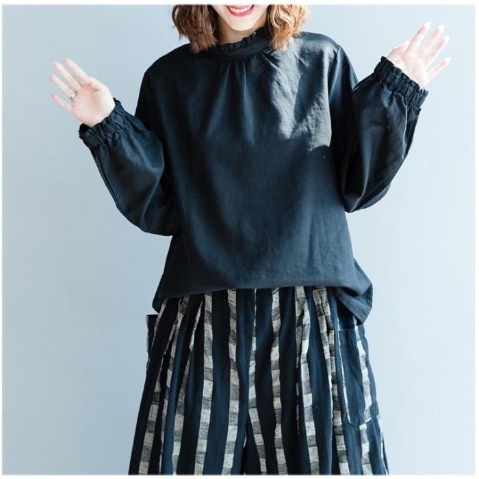 tシャツ Tシャツ シャツ ブラウス レディース スタンドカラー フリル 長袖 リネン調 バックボタン トップス  体型カバー |  | 06