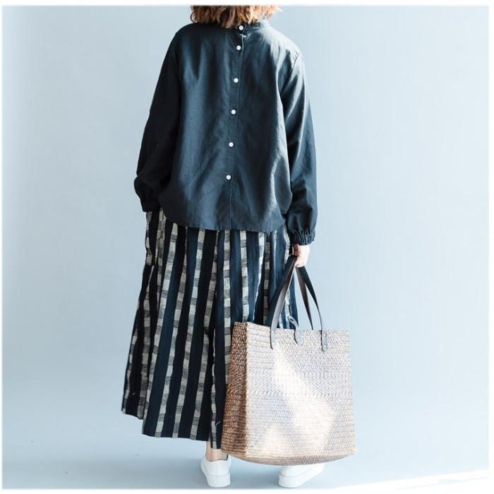 tシャツ Tシャツ シャツ ブラウス レディース スタンドカラー フリル 長袖 リネン調 バックボタン トップス  体型カバー |  | 07