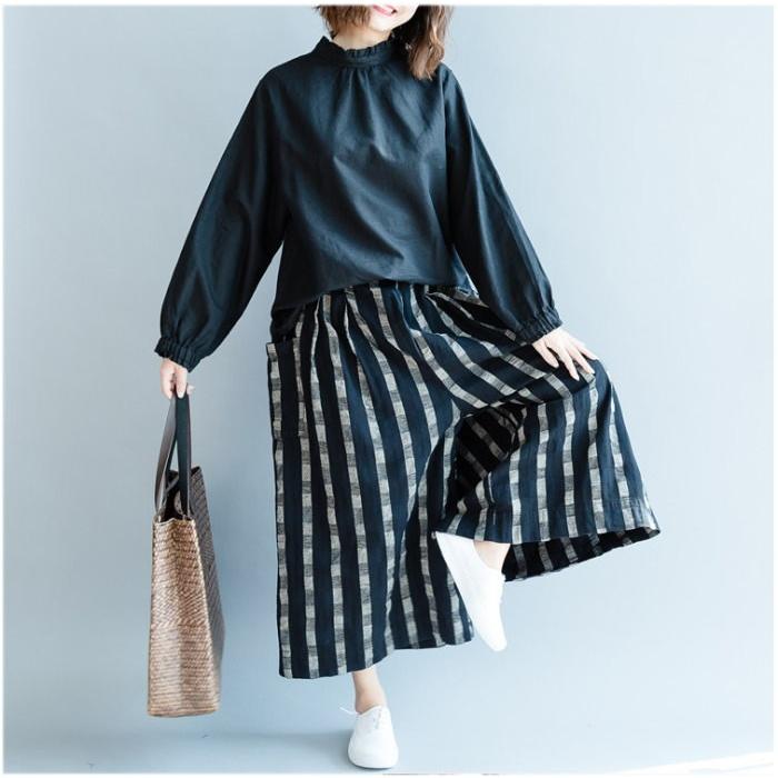 tシャツ Tシャツ シャツ ブラウス レディース スタンドカラー フリル 長袖 リネン調 バックボタン トップス  体型カバー |  | 08