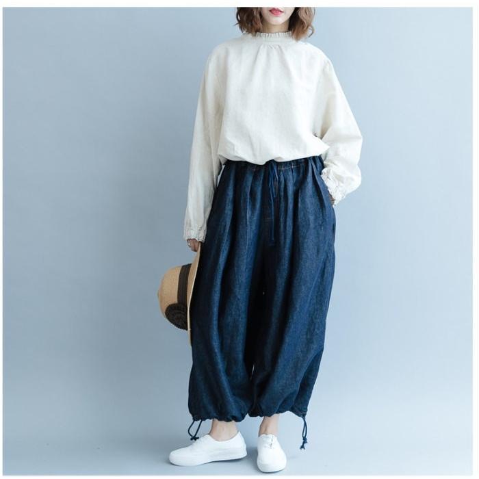 tシャツ Tシャツ シャツ ブラウス レディース スタンドカラー フリル 長袖 リネン調 バックボタン トップス  体型カバー |  | 09