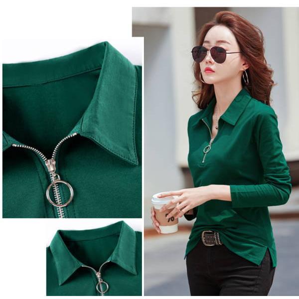 tシャツ Tシャツ レディース 長袖 ポロシャツ レディース 春秋 冬 カットソー  Vネック  スキッパー 大きいサイズ 白 黒 ゆったり カジュアル 無地 |  | 06