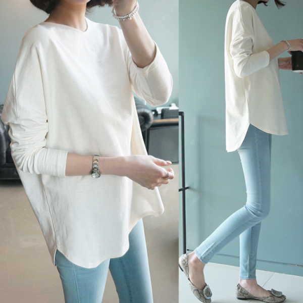 tシャツ レディース 裏起毛 長袖 ロンt カットソー 薄手微起毛 あったか 無地 プルオーバー ロングTシャツ ロンティー  スエット 体型カバー |  | 02