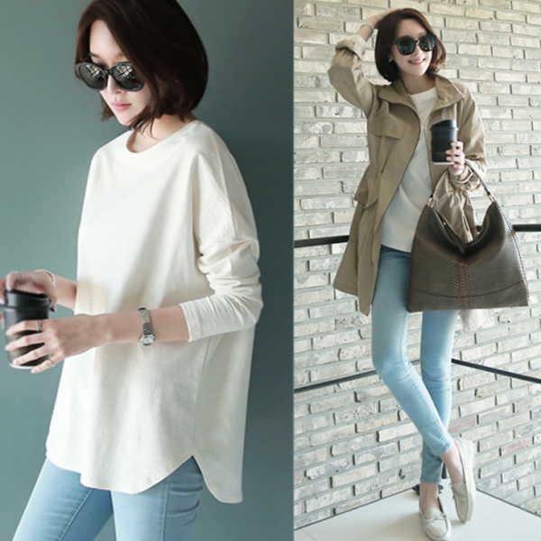 tシャツ レディース 裏起毛 長袖 ロンt カットソー 薄手微起毛 あったか 無地 プルオーバー ロングTシャツ ロンティー  スエット 体型カバー |  | 04