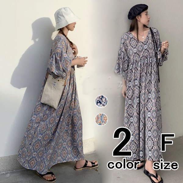 マキシ丈ワンピース ロングワンピース レディース ボヘミアン ペイズリー柄 体型カバー Vネック 特別セーフ