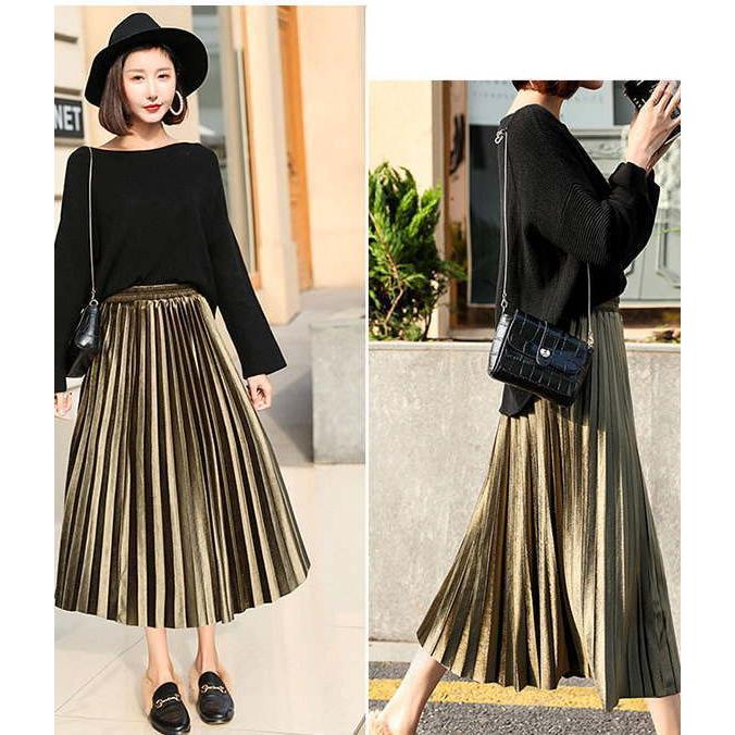 プリーツスカート ロング ミモレ丈 ベロア  秋 冬  レディース フレア ロングスカート マキシスカート ウエストゴム |  | 03
