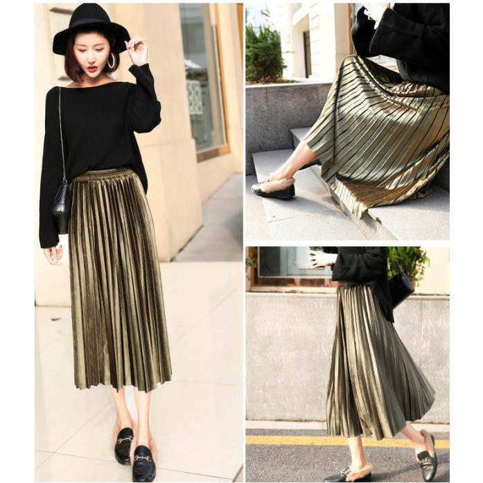 プリーツスカート ロング ミモレ丈 ベロア  秋 冬  レディース フレア ロングスカート マキシスカート ウエストゴム |  | 07