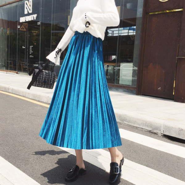 プリーツスカート ロング ミモレ丈 ベロア  秋 冬  レディース フレア ロングスカート マキシスカート ウエストゴム |  | 08