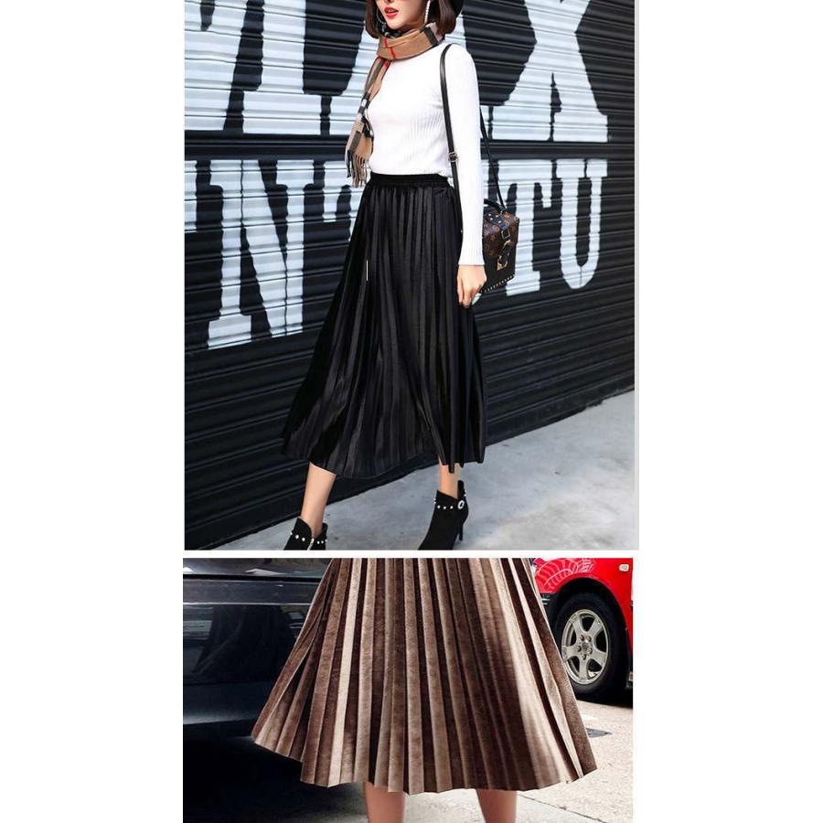 プリーツスカート ロング ミモレ丈 ベロア  秋 冬  レディース フレア ロングスカート マキシスカート ウエストゴム |  | 09