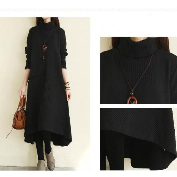 ニットワンピース レディース ロング 長袖  タートルハイネック カジュアル ニット 暖かい 変形デザイン 不規則 スタンドカラー 2021秋 秋 秋冬新作宅 |  | 07