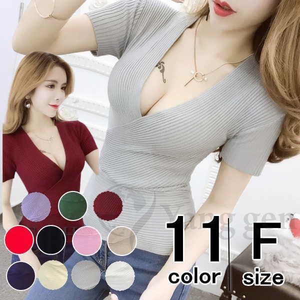 カットソー カシュクール 半袖 Vネック プルオーバー タイト スリム 薄手ニット リブ編み トップス レディース 春 夏 秋 | 