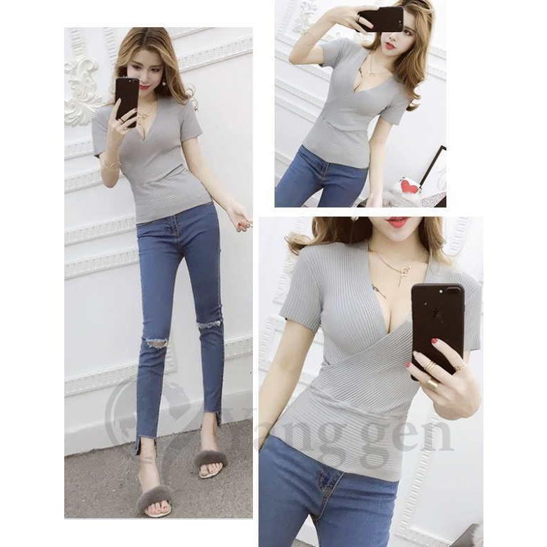 カットソー カシュクール 半袖 Vネック プルオーバー タイト スリム 薄手ニット リブ編み トップス レディース 春 夏 秋 |  | 14