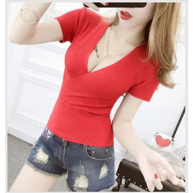 カットソー カシュクール 半袖 Vネック プルオーバー タイト スリム 薄手ニット リブ編み トップス レディース 春 夏 秋 |  | 03