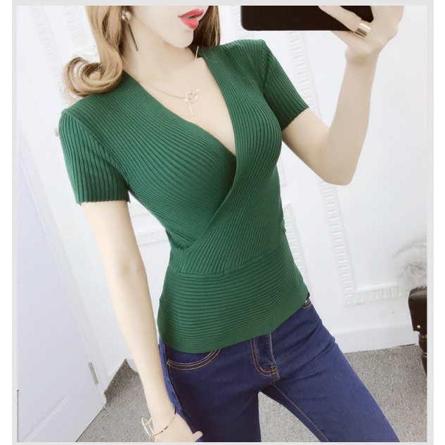 カットソー カシュクール 半袖 Vネック プルオーバー タイト スリム 薄手ニット リブ編み トップス レディース 春 夏 秋 |  | 05