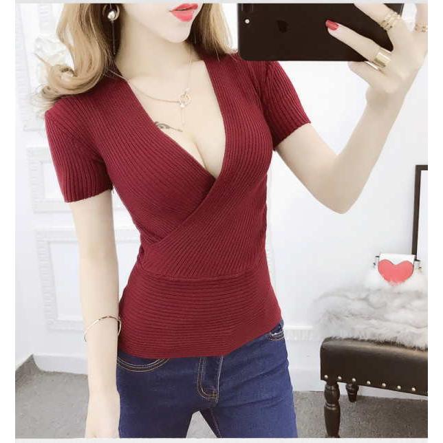 カットソー カシュクール 半袖 Vネック プルオーバー タイト スリム 薄手ニット リブ編み トップス レディース 春 夏 秋 |  | 08