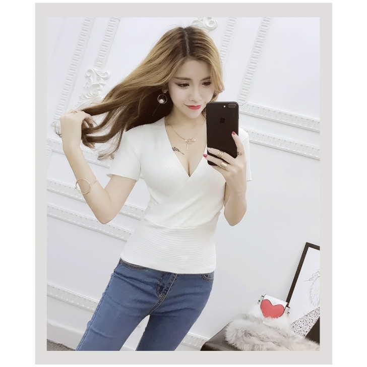 カットソー カシュクール 半袖 Vネック プルオーバー タイト スリム 薄手ニット リブ編み トップス レディース 春 夏 秋 |  | 09