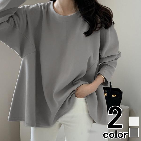 ラウンドネック フレア カットソー Tシャツ 長袖 トップス レディース 可愛い 流行 きれいめ シンプル 大人可愛い 春 秋 ゆったり 大きめ オーバーサイズ 無地 | 