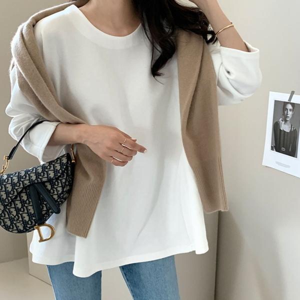 ラウンドネック フレア カットソー Tシャツ 長袖 トップス レディース 可愛い 流行 きれいめ シンプル 大人可愛い 春 秋 ゆったり 大きめ オーバーサイズ 無地 |  | 02