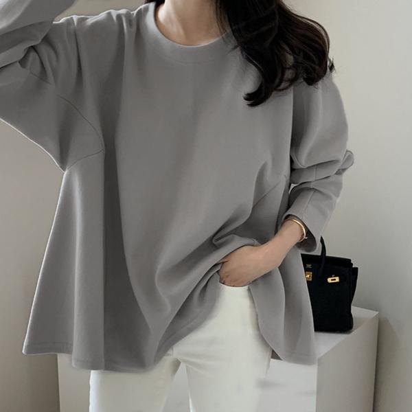 ラウンドネック フレア カットソー Tシャツ 長袖 トップス レディース 可愛い 流行 きれいめ シンプル 大人可愛い 春 秋 ゆったり 大きめ オーバーサイズ 無地 |  | 07