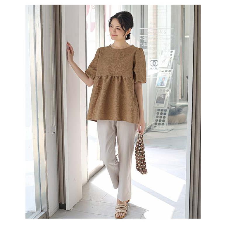 ジャガードブラウス エンボス加工 Aライン ペプラム 半袖 パフスリーブ バックリボン トップス レディース おすすめ おしゃれ スッキリ |  | 18