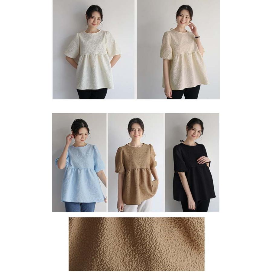 ジャガードブラウス エンボス加工 Aライン ペプラム 半袖 パフスリーブ バックリボン トップス レディース おすすめ おしゃれ スッキリ |  | 01