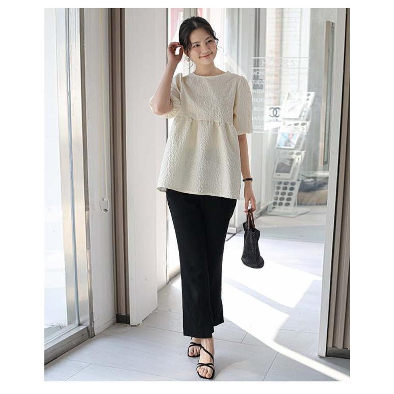 ジャガードブラウス エンボス加工 Aライン ペプラム 半袖 パフスリーブ バックリボン トップス レディース おすすめ おしゃれ スッキリ |  | 06